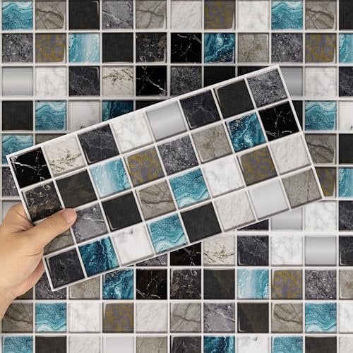 Hode Stick on Tiles Kitchen Bathroom, 12Pcs 15x30cm Blue Mosaic Tile Stickers, Peel and Stick Self Adhesive Wall Waterproof
