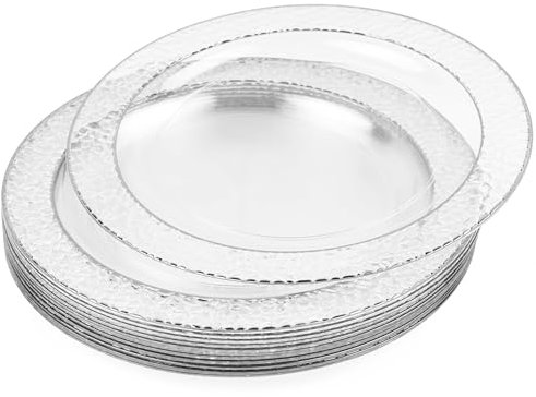 MATANA 40 Premium Transparente Plastikteller mit Silberrand, 26cm - Mehrweg Kunststoffteller, Partyteller Silber für Hochzeiten, Geburtstage, Partys - Elegantes (Silber 26cm, 40 Stück)