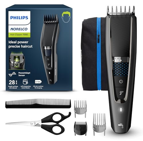Norelco Philips Haarschneidemaschine 7000 Series, Haar- und Bartschneider, Präzisionszifferblatt, PowerAdapt Sensor, Trim-and-Flow, DualCut, DuraPower, 28 Längeneinstellungen, 90 Min. Laufzeit, Modell