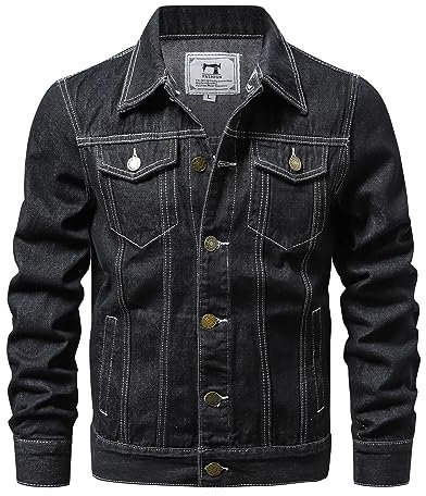 Uomo Western Primavera/Autunno Foderato Denim Giacca Lungo Cappotto Uomo Moda, Nero , XXL