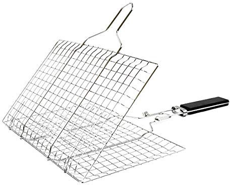 Cestino per barbecue per pesce, griglia portatile, in acciaio inox, con manico in legno rimovibile, per grigliare pesce, verdure e bistecche, piccola teglia da forno, dimensioni 50 x