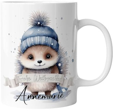 Tasse zu Weihnachten | Weihnachtstasse Tiere - Personalisiert mit Namen | Frohe Weihnachten - Kaffeetasse für Jungen und Mädchen - Igel | mug-txZ-126