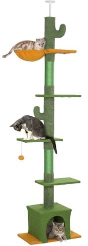 PawHut - Árbol para gatos de suelo a techo, altura 275 cm, torre de juegos para gatos, 6 niveles, con plataformas, nicho, hamaca, pelota, rascador, para escalar, rascar y jugar, verde