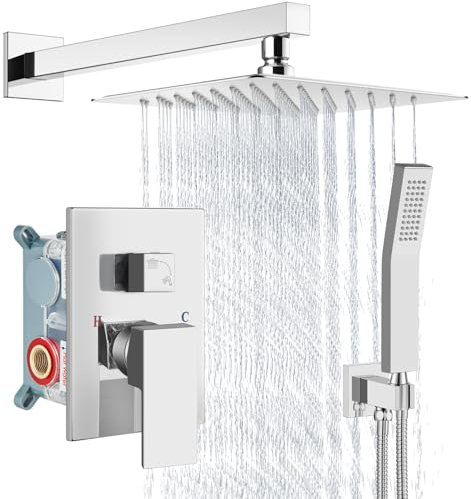 Aolemi Duscharmatur-Set Regenduschsystem mit Handbrause Badezimmer Dusche Combo Grobventil und Duschverkleidung Kit enthalten poliertes Chrom 20,3 cm Wandhalterung Duschkopf