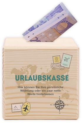 LAUBLUST Spardose Personalisiert mit Wunschtext - Urlaubskasse | Sparschwein aus Holz - Sparbox mit Ziel & Name | Personalisierte Geschenke für Freunde, Familie, Kollegen | Sparbüchse als Geldgeschenk