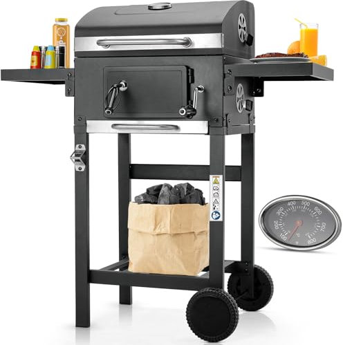 Chariot à Barbecue, Barbecue au Charbon de Bois avec Couvercle, Fumoir, BBQ Charbon avec Roues et Thermomètre, Gril Réglable en Hauteur, Barbecues à Charbon pour Camping et Jardin