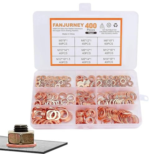 Copper Washer Assortment Kit, 400-Piece Sealing Gasket Set, Flat Ring Crush Bolt Washers in 9 Sizes, Copper Gaskets for Hydraulic Fittings, Oil Pan Plugs, Engines & Machinery