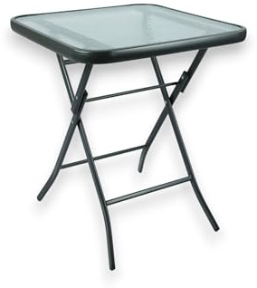 HERSIG - Mesa de Jardin Cuadrada Plegable de Acero y Vidrio Templado - Mesa Exterior Negro 60x60x70 CM - Mesas de Terraza y Jardín Cuadradas - Mesas para Verano Exterior con Cristal Texturizado