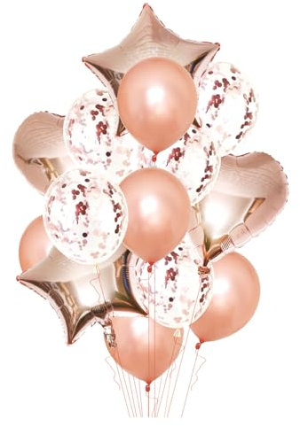 Ovanda Rosegold Luftballons Set 14 Stück, Rosegold Konfetti Folienballon Set mit Herzen Sternen, Birthday Balloons, Hochzeit Luftballons, für Party, Geburtstag, Valentinstag, Hochzeit, Verlobung
