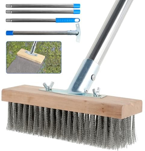 Scopa metallica con manico da 165 cm, per la pulizia dello sporco, muschio, spazzola con 4 pezzi, in acciaio inox, robusta scopa in acciaio inox, per muschio con manico, per terrazza, piscina,