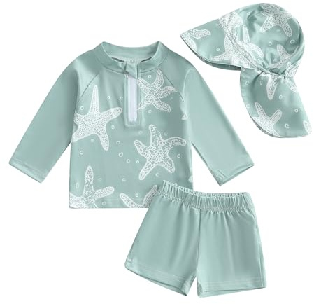 Maillot de Bain Bébé Garçon 3 Pièce Anti UV T-Shirt Manches Longues + Short de Bain + Chapeau de Soleil Costume de Bain Piscine Nataiton Plage (Vert Étoile de Mer, 3-4 Years)