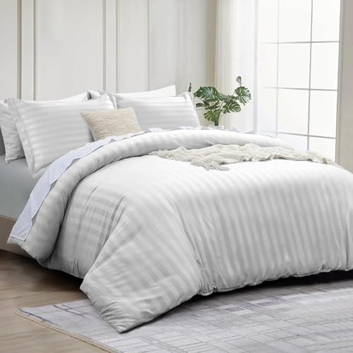INSPIRE HOMEWARE Double Duvet set - Premium Hotel Quality Reversible Satin Stripes Duvet Cover with 2 Pillowcases, White Double Bedding Set - Soft Microfiber Quilt Bedding