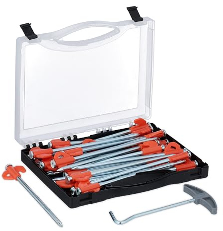 Relaxdays Tent Pegs, Set of 30, Anchors for Hard and Rocky Ground, 20.5 cm, with Box & Puller, Steel, Silver/Orange | 20.5 cm, with box & peg puller, steel, tent pegs