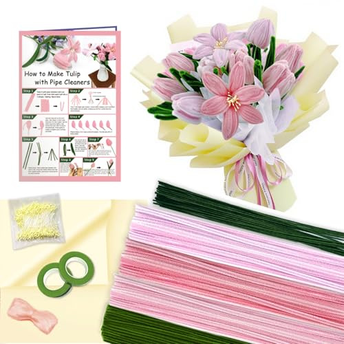 Morcheiong 480 Stück Pfeifenreiniger Tulpen Bastelblume Blumen Bastelset für DIY Bastelbedarf- Rosa Serie