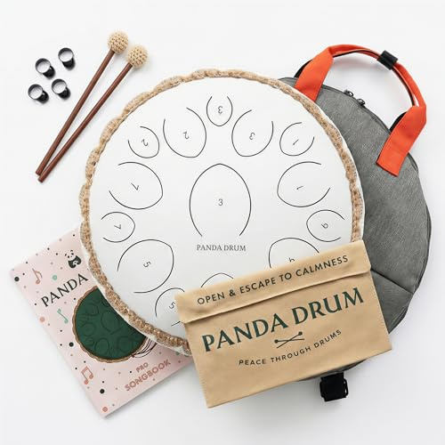 Panda Drum Pro (White) | Steel Tongue Drum for Inside & Outside | 15 Inch | with Music Book, Mallets, Carrying Bag & Finger Picks | 432 Hz Rain Drum | Calming Musical Instrument for Adults
