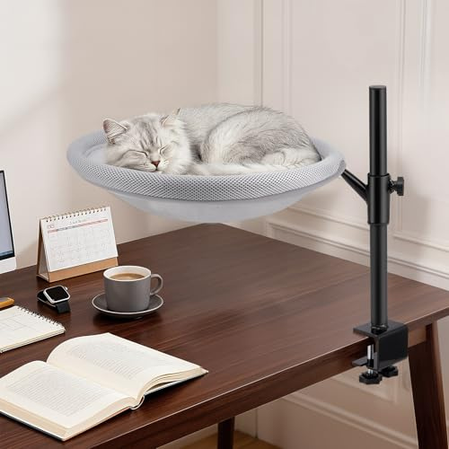 TLPEMN Katzenbett Schreibtisch, Katzenhängematte mit 360° Drehbar Verstellbare Höhe, Katzenbett für Schreibtisch mit Netzgewebe, Waschbar Bezug für Zuhause und Büro, bis 19 kg