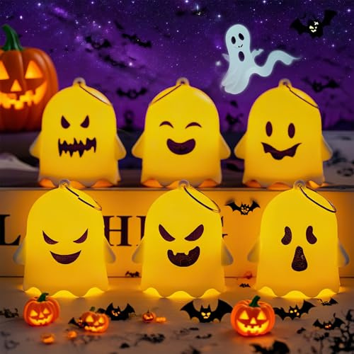 OMUIETIO Halloween Ghost Decorations(6Pcs),Cute Halloween Decorations Bedroom, Mini light up Halloween Gost for Table,Windowsill,Gifts for kids,Trick or Treat Gifts