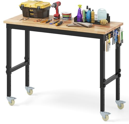 RELAX4LIFE 122 cm Verstellbare Werkbank mit Rollen, mobiler Arbeitstisch mit Gummiholzplatte & 2 Lochplatten & robustem Metallrahmen, Tragkraft bis zu 1100 kg, für Garage, Werkstatt, Büro, Natur