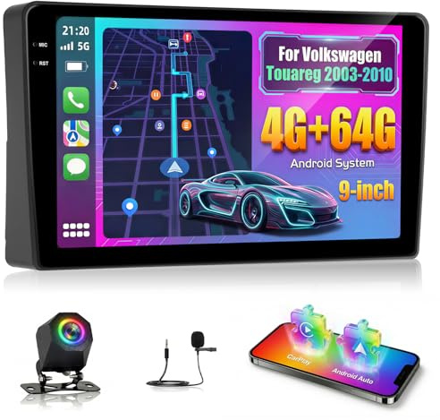 NHOPEEW 4+64G Radio para Coche para Volkswagen Touareg 2003-2010 con Carplay y Android Auto - Pantalla incell de 9 Pulgadas Compatible con WiFi GPS Control en el Volante + Cámara de Marcha atrás
