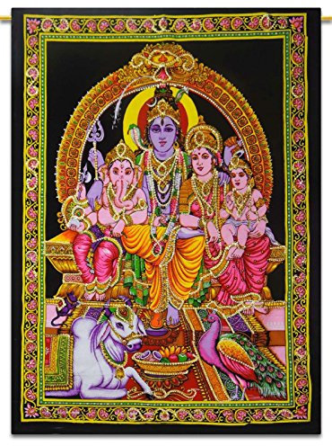 Sophia Art Indische Pailletten, Baumwolle, God of Wisdom & Reichtum, Ganesha/Shiva-Familie, Wandteppich, 76 x 107 cm
