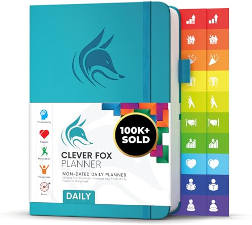 Clever Fox Daily Planner, Undated Professional & College Day, Turquoise | 6-month A5 14.5x21cm dayplanner with stickers, monthly calendars, to-do lists, calendar journal, time-block schedule agenda