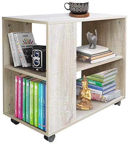 BAKAJI Libreria Bassa Scaffale 5 Ripiani con Ruote in Legno Melaminico Tavolino Laterale Divano Design Moderno per Soggiorno Salotto Casa o Ufficio (Beige)