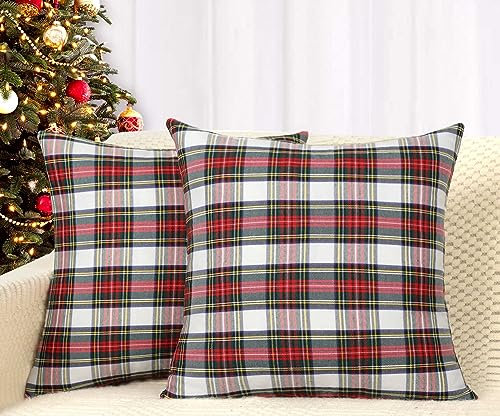 4TH Emotion Set mit 2 Weihnachten Schottisch Tartan Plaid Wurfkissenbezüge Kissenbezug Polyester für Bauernhaus Home Decor Rot und Weiß, 50,8 x 50,8 cm