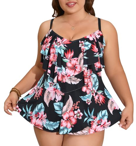 WIN.MAX Femmes Tankini Maillots de Bain Ensembles Taille Haute à Volants Volant 2 pièces Bikini Ensemble Maillot de Bain Grande Taille（Fleur & Noir，EU46）