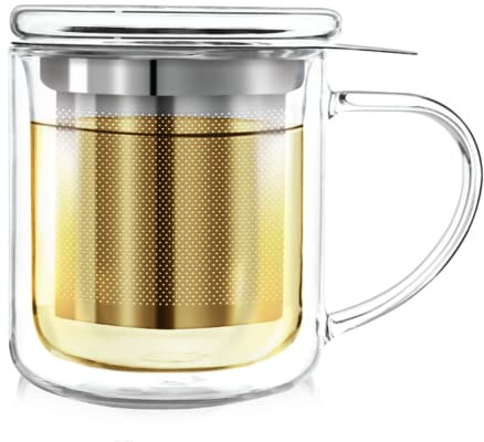Teabloom - Teekanne für eine Tasse (240 ml) - Doppelwandige Glastasse mit Filter und Deckel für die Zubereitung einer einzelnen Tasse Tee