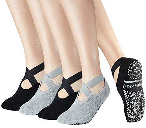 Yoga Socken für Frauen Rutschfeste Trainingssocken mit Griff, Pilate Barre Anti Rutsch Socken mit Riemen klebrig für erwachsene Damen EU35-40 Packung mit 4