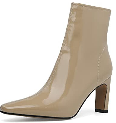 aanieshoeya Stiefeletten Damen Lack Elegant Ankle Boots Kurzschaft Absatz High Heels Herbst Beige 38CN 37.5EU 24cm