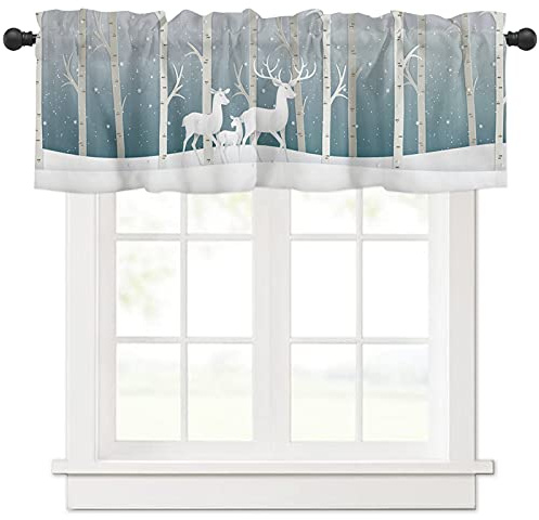 Volant-Vorhänge mit weißem Weihnachts-Hirsch im Winter, Schnee-Wald, Fenstervolant für Wohnzimmer, Badezimmer, Schlafzimmer, lichtfilternd, kurze Küche, Fensterdekoration, Vorhang 137.2x45.7 cm