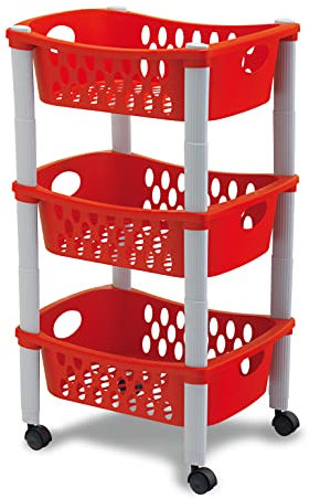 Kreher Multifunktionaler Rollwagen Küchenwagen für Transport und Lagerung mit DREI Körben und Vier Universalrollen - aus stabilem Kunststoff in 3 Farben (Rot)