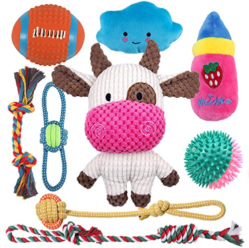 Sundrawy Jouets pour Petits Chiens Jouets pour Chiots en Peluche en Peluche, Cordes Interactives avec Balle Jouets pour Animaux pour L'entraînement À La Dentition Cadeau d'anniversaire (Vache Pro)