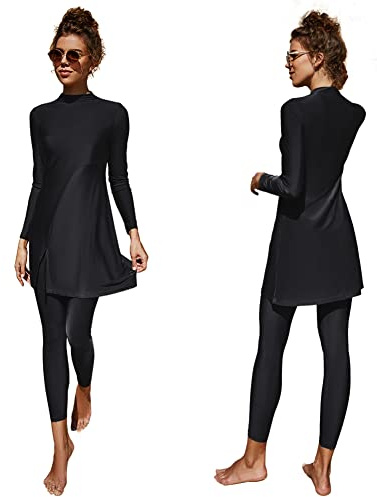 Femmes Maillots de Bain Musulmans Islamique Modest Couverture Complète Burkini Manches Longues Haut Pantalon Natation été Tenue Plage Maillots Rashguards 2 Pièce Noir-Solide XL
