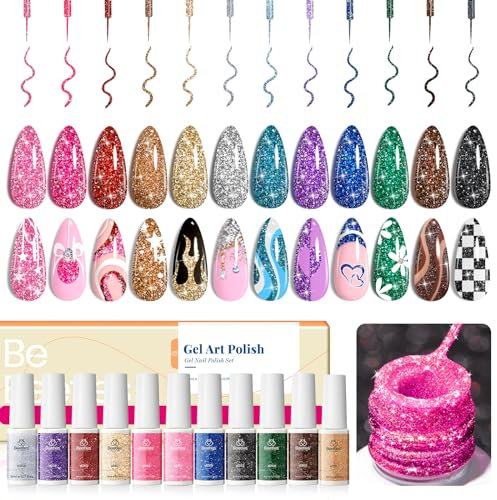 beetles Nail Art Gel Liner Polish 12 Colours Reflective Glitter Gel Nail Polish, Gold Silver Pink Blue Purple Brown Black Gel Kit Soak Off Uv Nail Art Design Set, DIY Manicure Gifts for Women