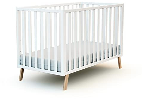 AT4 - Babybett Holz 60x120 CONFORT Weiß | 125,5 x 64 x 81,5 cm |Kinderbett | Gitterbett mit Lattenrost 3 Stufen Höhenverstellbar |Bett umbaubar zum Juniorbett