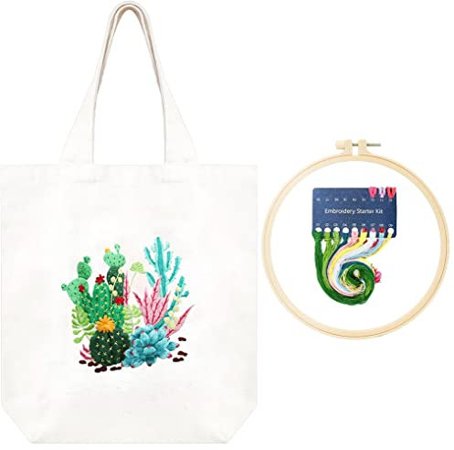 Canvas Tasche Stickerei Set DIY Set Erwachsene, Kreuzstich Kit mit Blumenmuster, Kunsthandwerk Starterset mit Stickerei Tasche Stickrahmen Farbfäden und Anleitungen für Erwachsene Anfänger