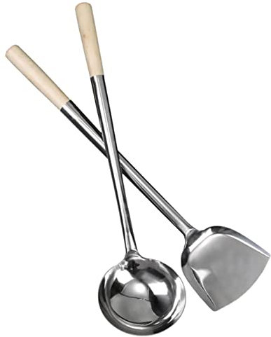 2 Pièces Grattoir à Pot Casserole Spatule Wok en INOX Cuillère Spatule De Cuisine Chinoise Pelle De Cuisine Chinoise Grand Wok Grand Chaudron en Bois Chine Acier Inoxydable
