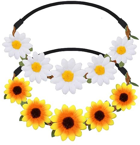 WLLHYF 2 x Gänseblümchen-Haarbänder, Hippie-Sonnenblumen-Haarbänder Modisch Festival Kranz Kopf-Set Mehrfarbig Blumenkrone Zubehör Braut-Kopfschmuck, Damen, Mädchen, Strand, Urlaub