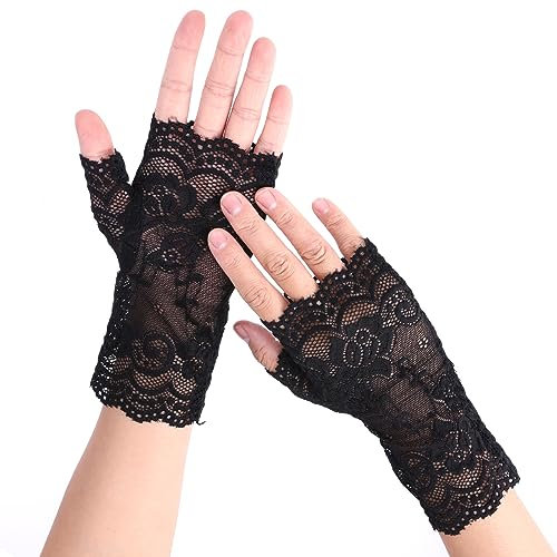 WLLHYF Frauen Kurze Spitze Handschuhe, 1920er Jahre Elegante Kurze Handschuhe Tea Party Handschuhe Halloween Fingerlose Floral Handschuhe Braut Handschuhe für Hochzeit Party Kostüm Zubehör, Schwarz,