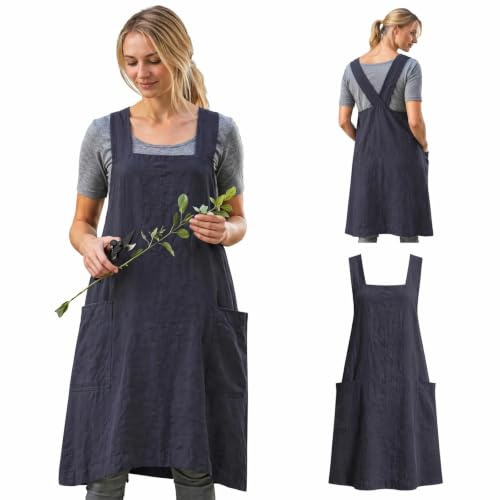 Amlztr Damen Schürze Schürze Kreuz Rücken Schürze mit Taschen Baumwolle Leinen Schürze Kleid Übergröße