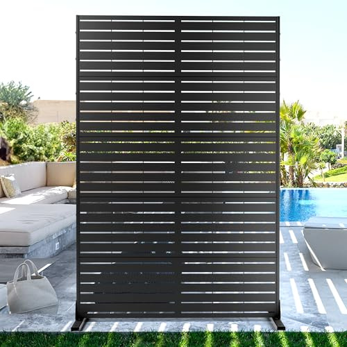 Fency Metal Privacy Screen with Stand 72/H×44/W Outdoor Freestanding Privacy Screen & Panels, Outdoor Privacy Screen for Deck Patio Balcony(Black-Louvered)