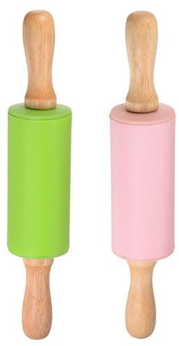 sourcing map Silicone Rolling Pins for Baking 9 Inch Wooden Handle Non Stick Rolling Pin Small Roller Playdough Rolling Pins for Dough Pizza Pastry Fondant Kitchen, Green & Pink