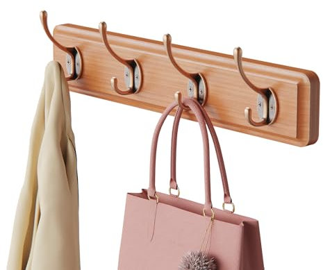 Gumcoly Patère Murale de 4 crochets, Patère murale, Bois brut，Portemanteau mural pour Suspendre Manteaux écharpes, Sacs à Main et Autres, brun clair