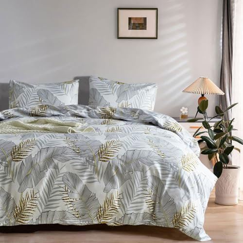 Nayoroom Bettwäsche Blätter 135x200 Grau Gold Tropisch Palmenblätter Muster Bettbezug mit Reißverschluss Weich & Bügelfrei Microfaser Weiß Grau Bettwäsche Set and Kissenbezug 80x80 cm