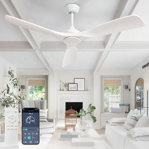 Depuley Ceiling Fan Without Light: 52 Inch Outdoor Fan with Remote App Control for Patio Porch - White Ceiling Fan no Light for Indoor - 3 Blade Fan Reversible 6 Speed Quiet