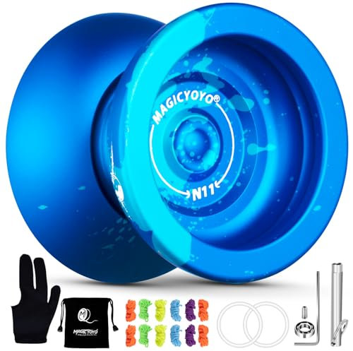 Yoyo Profi unempfindliches JoJo für Kinder und Erwachsene, Trick JoJo N11 mit Doppelfunktion, Metall JoJo mit Reaktionsmodus für Kinder und Anfänger + JoJo-Lager Kit + 12 JoJo-Schnüre - Splash Blau