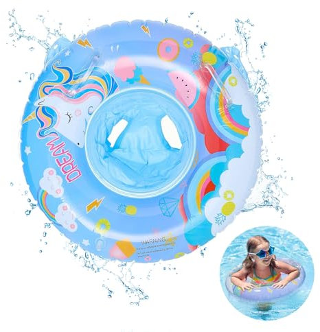 KATLINNA Baby Schwimmring, Aufblasbare Schwimmsitz Kinder mit Cartoon-Print, Schwimmreifen Baby ab 1 Jahr bis 3 Jahren, Baby Floating Ring, Schwimmring Kinder für Jungen und Mädchen(Blaues Einhorn)