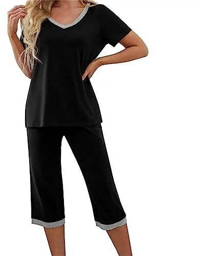 Pyjama Femme Été Coton Ensemble Pyjama Femme Lingerie Top À Manches Courtes Et 3/4 Pantacourt 3/4 Pas Cher Imprimé/Couleur Unie Pyjama Idéal pour Printemps-Été Fluide Sleepwear
